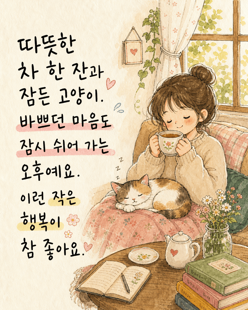 한 컷 만화 예시. 따뜻한 차 한 잔과 잠든 고양이. 바쁘던 마음도 잠시 쉬어 가는 오후예요. 이런 작은 행복이 참 좋아요.